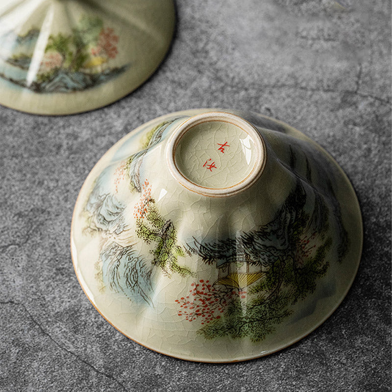 Buddha Stones Pine Mountain Forest Landscape Ceramic Gaiwan Sancai Teacup Kung Fu Tea Cup And Saucer With Lid