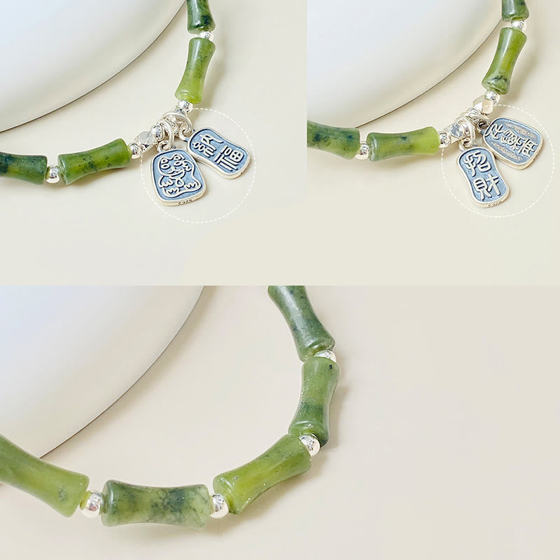 Buddha Stones 925 Sterling Silver Bamboo Jade Lucky Cat Fu Character Luck Abundance Bracelet