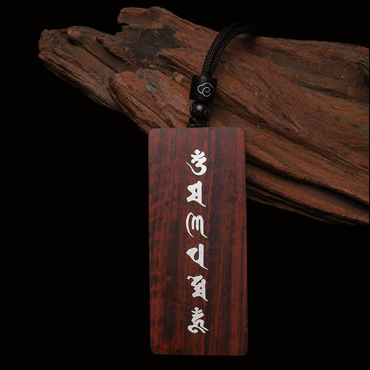 Buddha Stones 999 Sterling Silver Small Leaf Red Sandalwood Ebony Wood Om Mani Padme Hum Inlaid Protection Necklace Pendant