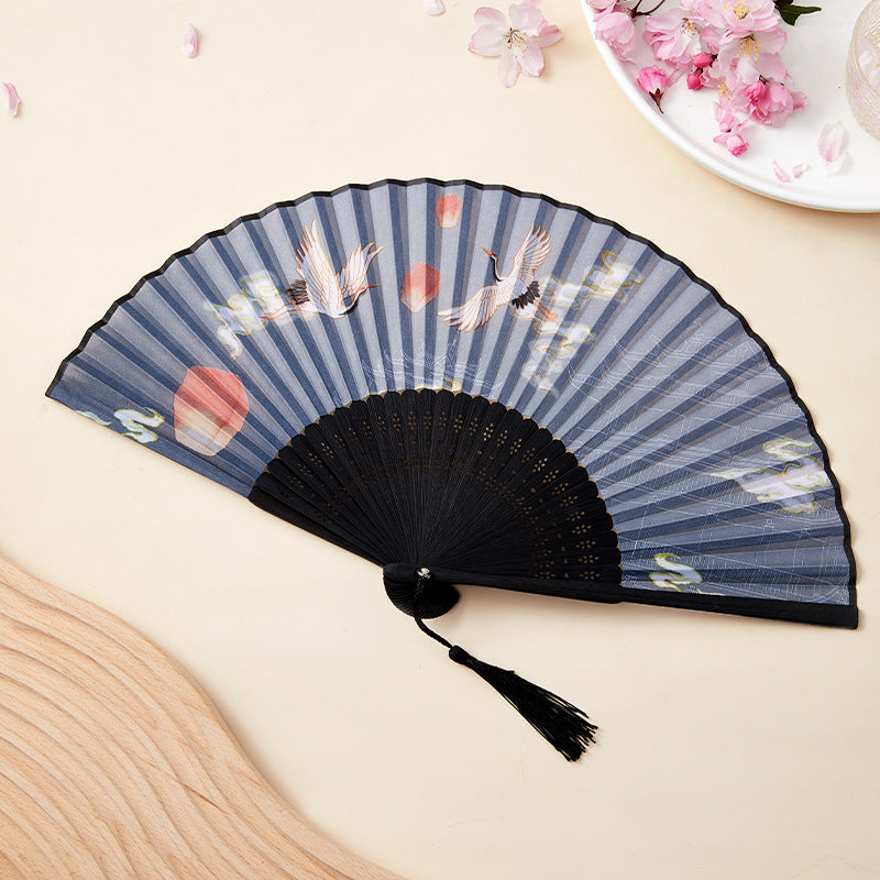 Buddha Stones Crane Peach Blossoms Persimmon Orchid Butterfly Bamboo Handheld Bamboo Folding Fan 21cm