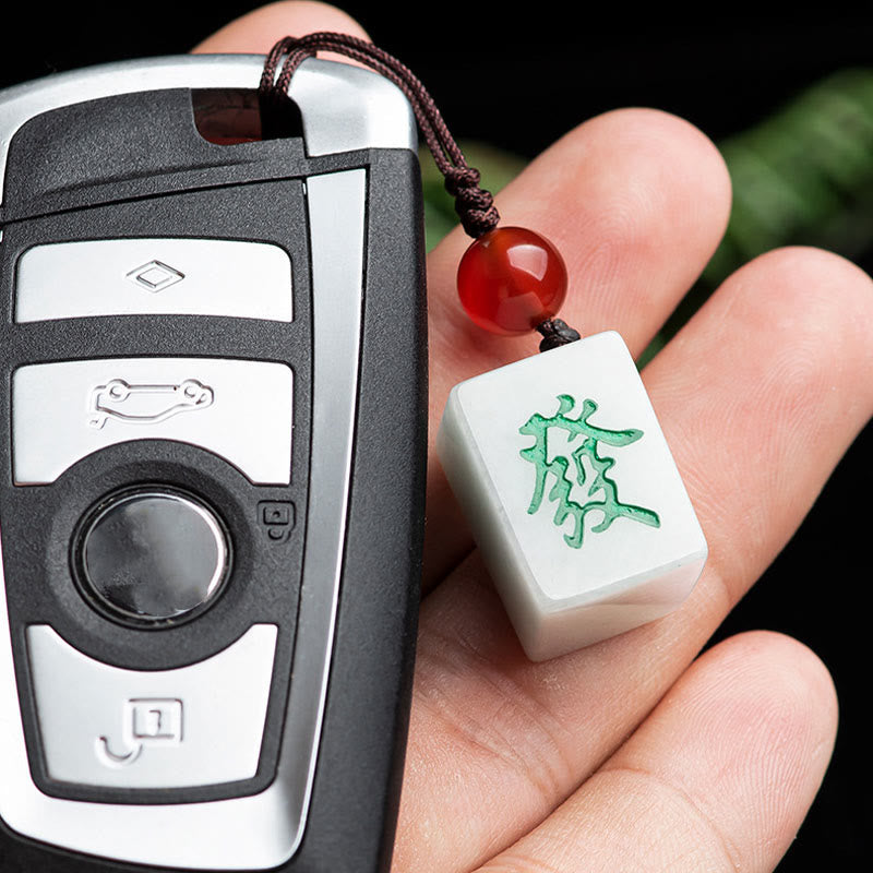 Buddha Stones Natural Jade Mahjong Fa Character Wealth Prosperity Phone Hanging Key Chain Decoration