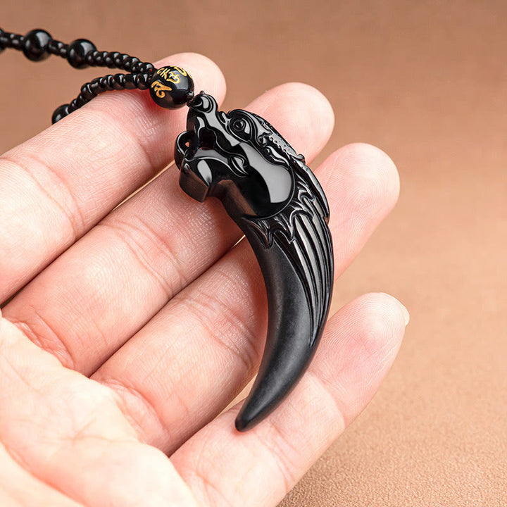 Buddha Stones Natural Black Jade Chinese Zodiac Dragon Tooth Pattern Protection Necklace Pendant