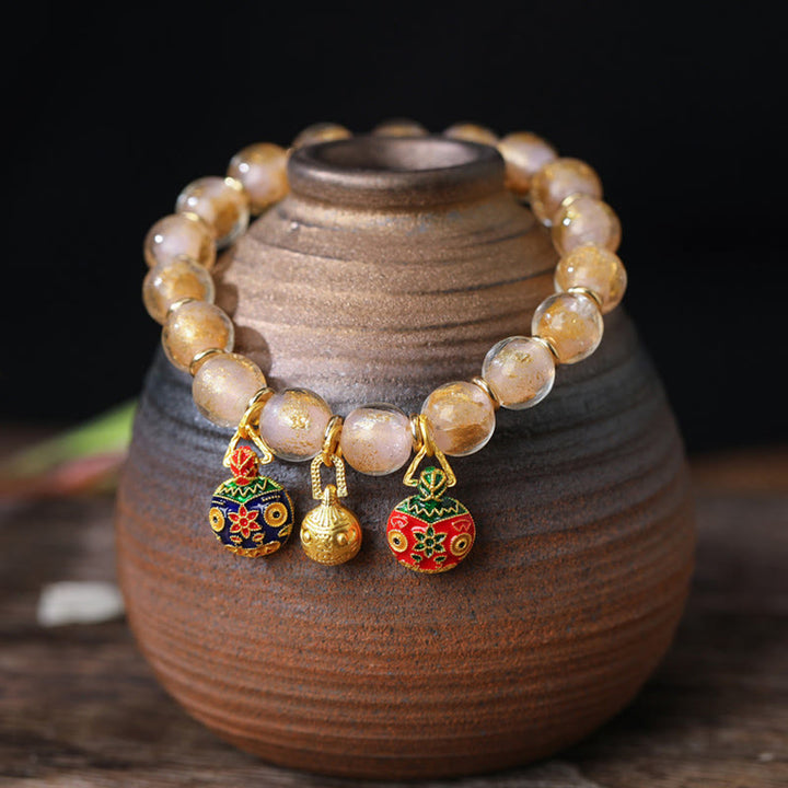 Buddha Stones Gold Swallowing Beast Family Charm Gold Silver Foil Liuli Glass Bead Blessings Bracelet