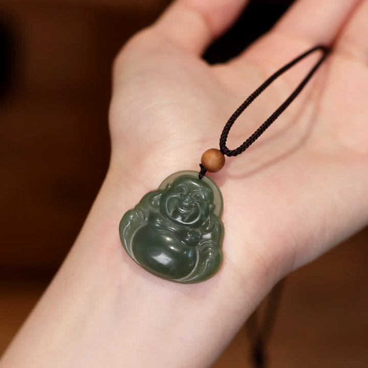 Laughing Buddha Hetian Jade Healing Calm Necklace String Pendant