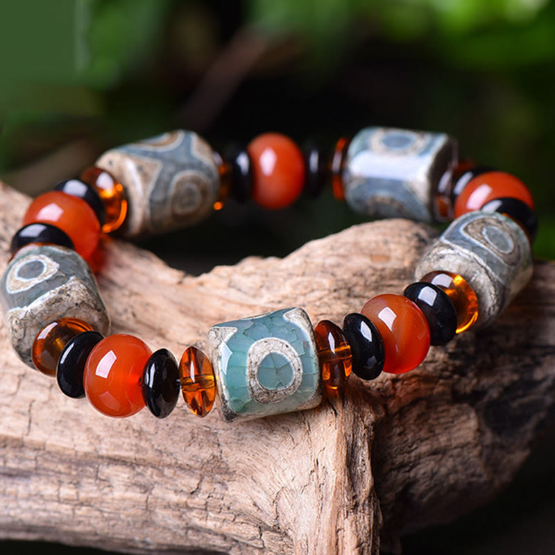 Buddha Stones Tibetan Three-eyed Dzi Bead Agate Protection Happiness Bracelet