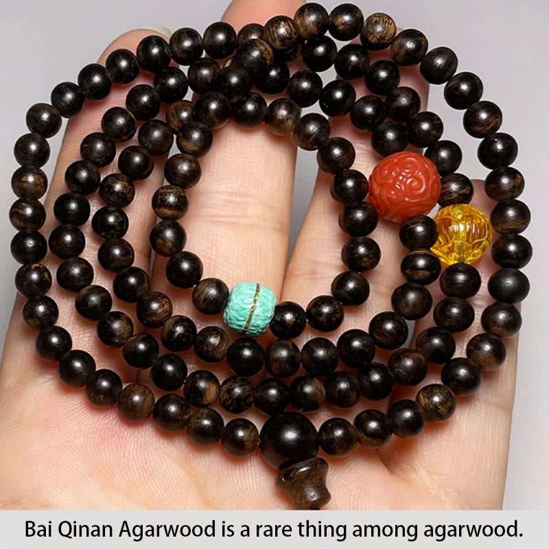 Buddha Stones Nha Trang Bai Qinan Agarwood Turquoise Amber Red Agate Strength Meditation Bracelet