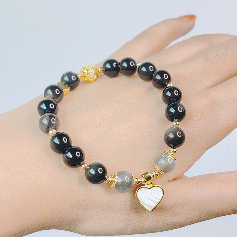 Buddha Stones Natural Silver Sheen Obsidian Love Heart Star Flower Protection Bracelet