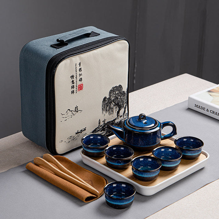 Blue Gradient Color Chinese Gongfu Tea Ceramic Teapot Portable Gift Bag Box Set