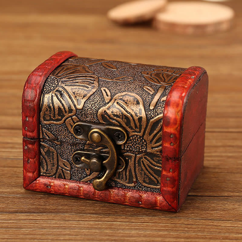 Buddha Stones Vintage Small Wood Jewelry Box Grass Flower Lotus Golden Grape Copper Coin Daffodil Jewelry Storage Box