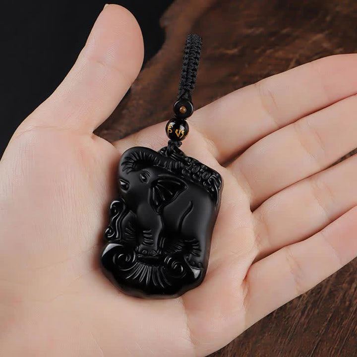 Black Obsidian Elephant Protection String Necklace Pendant Key Chain