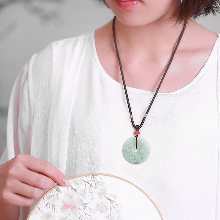 Round Jade Peace Buckle Peony Flower Abundance Necklace Pendant