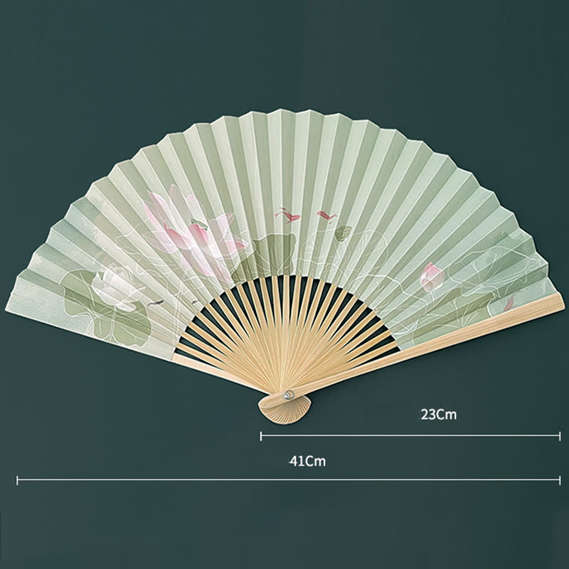 Buddha Stones Lotus Flowers Leaf Koi Fish Handheld Paper Bamboo Folding Fan