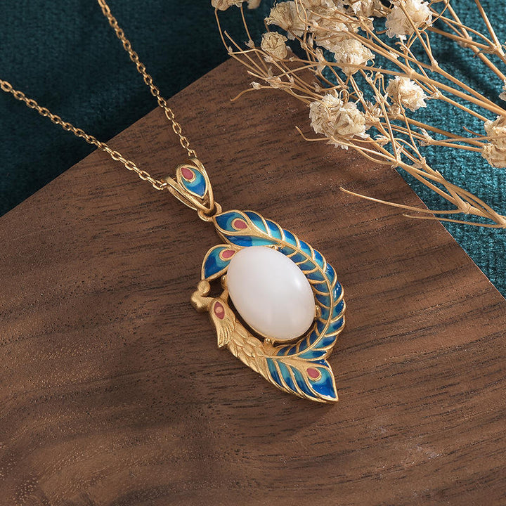 White Jade Peacock Copper Blessing Necklace Pendant