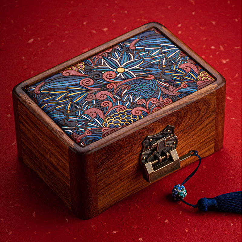 Retro Handmade Floral Pattern Rosewood Jewelry Storage Box Lockable Wooden Gift Organizer Box