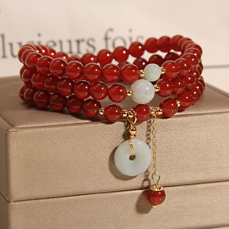 Buddha Stones Natural Red Agate Jade Peace Buckle Calm Triple Wrap Bracelet