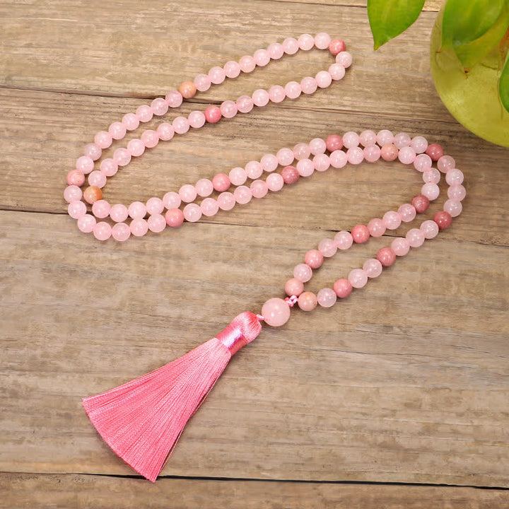 108 Mala Beads Pink Crystal Love Tassel Bracelet