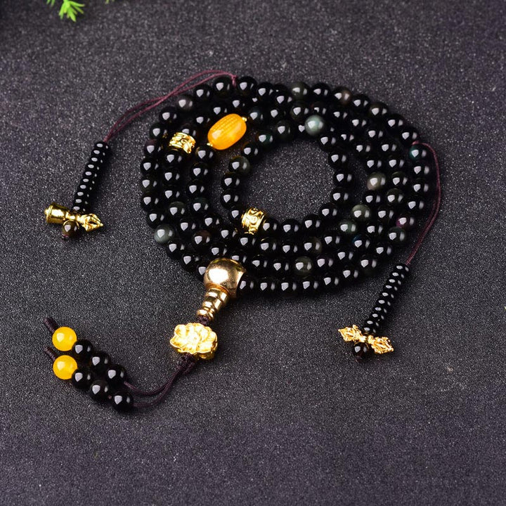 Buddha Stones 108 Beads Natural Black Obsidian Lotus Fulfilment Mala Bracelet