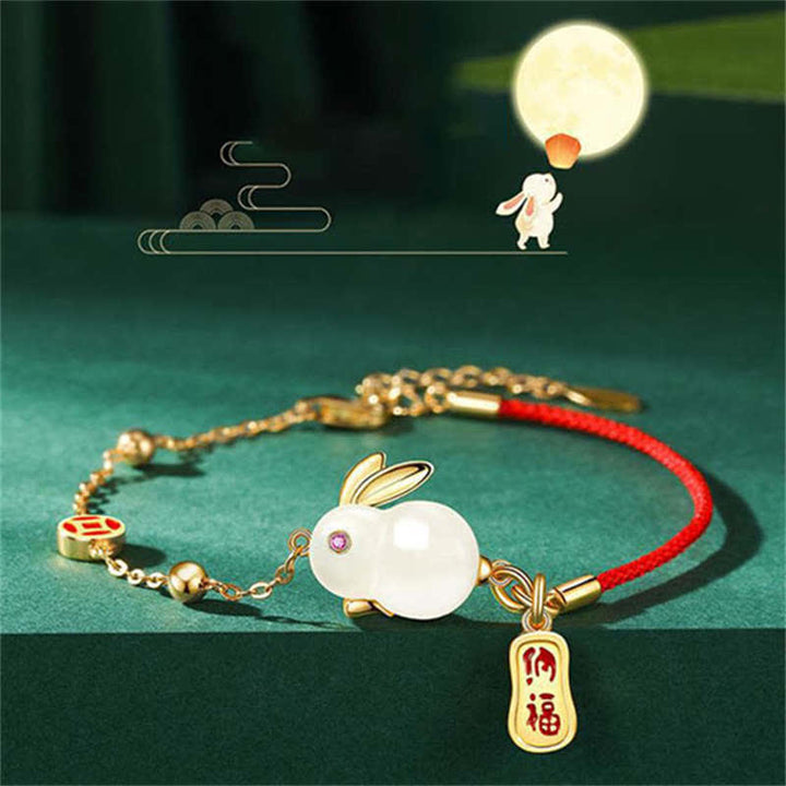 Buddha Stones Year of the Rabbit White Jade Happiness Red String Chain Bracelet