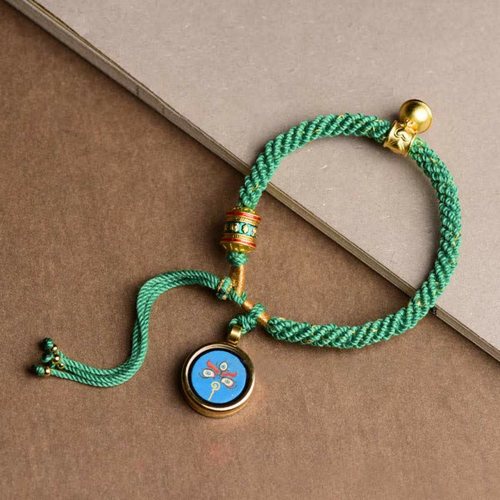 Buddha Stones Tibetan Five God Of Wealth Thangka Luck Prayer Wheel Bell Braid String Bracelet