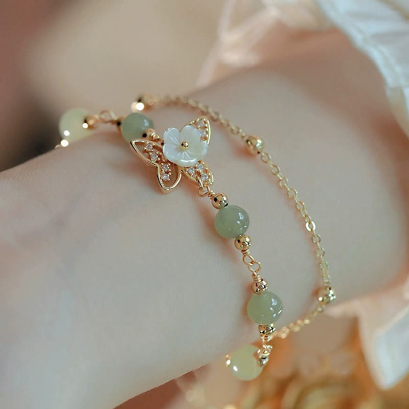 Buddha Stones 14K Gold Plated Jade Butterfly Tridacna Stone Flower Double Layer Luck Bracelet