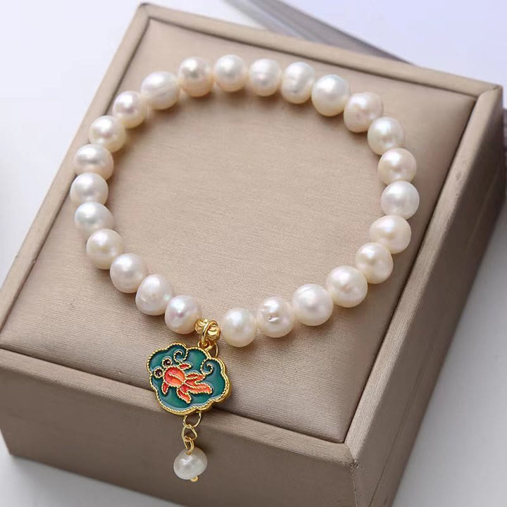 Natural Pearl Lotus Koi Fish Goldfish Optimism Charm Bracelet