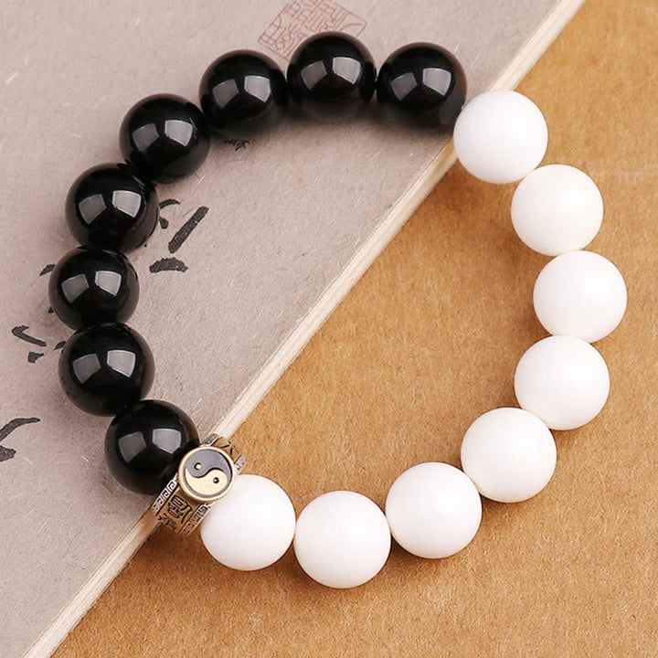 Buddha Stones 925 Sterling Silver Black Obsidian White Shell Yin Yang Strength Bracelet