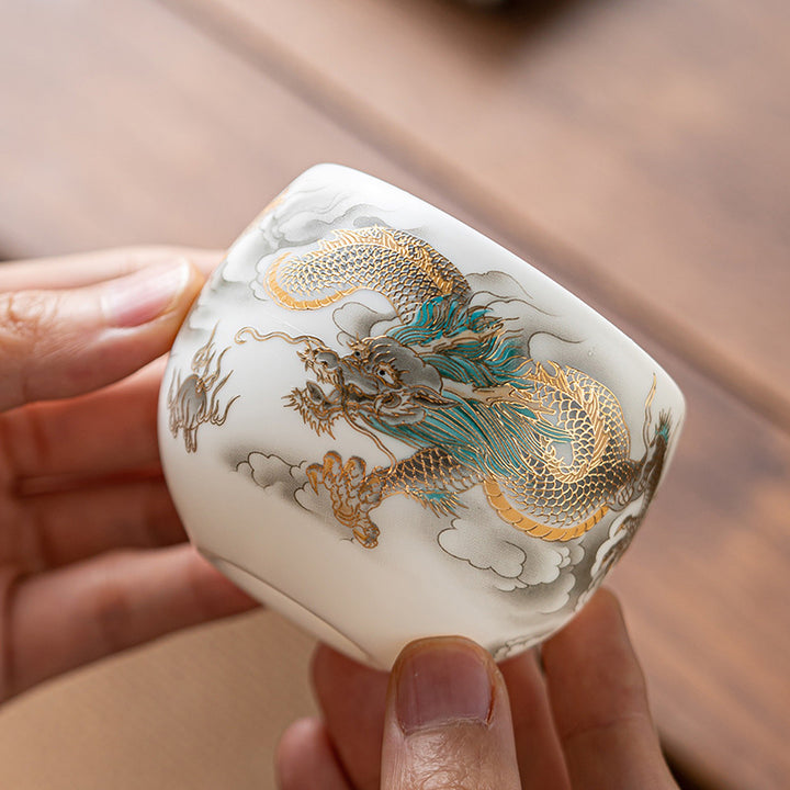 Buddha Stones Dragon Phoenix Auspicious Clouds Ceramic Teacup Kung Fu Tea Cup With Gift Box