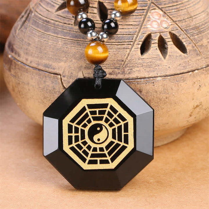 Bagua Yin Yang Black Obsidian Purification Beaded Necklace Pendant