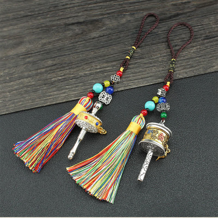 Tibet Om Mani Padme Hum Prayer Wheel Tassel Bag Car Hanging Decoration