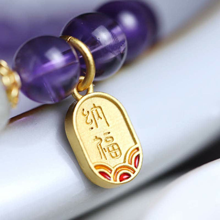 Buddha Stones Natural Amethyst Crystal Hetian Jade Healing Charm Bracelet