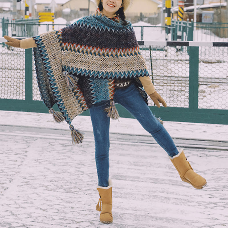 Tibetan Shawl Blue Beige Red Wavy Pattern Winter Warm Tassel Scarf