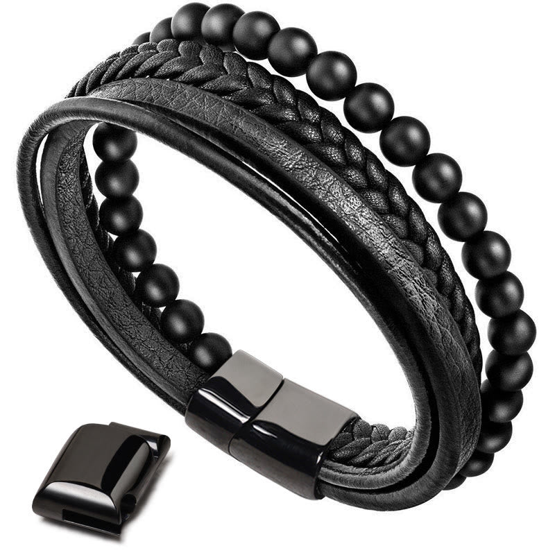 Buddha Stones Natural Lava Rock Black Onyx Bead Leather Bracelet