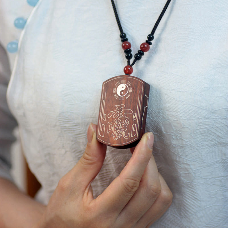 Buddha Stones 999 Sterling Silver Ebony Wood Red Sandalwood Yin Yang Bagua Balance Necklace Pendant