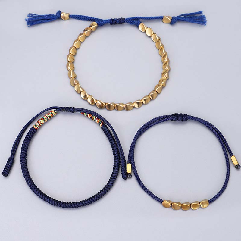 Buddha Stones 3 PCS Tibetan Copper Beads Healing Protection Luck Bracelet Set