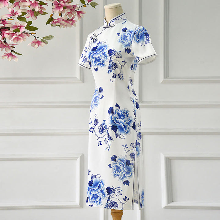 Buddha Stones Blue And White Porcelain Color Peony Flower Pattern Cheongsam Dress Women's Qipao Dress