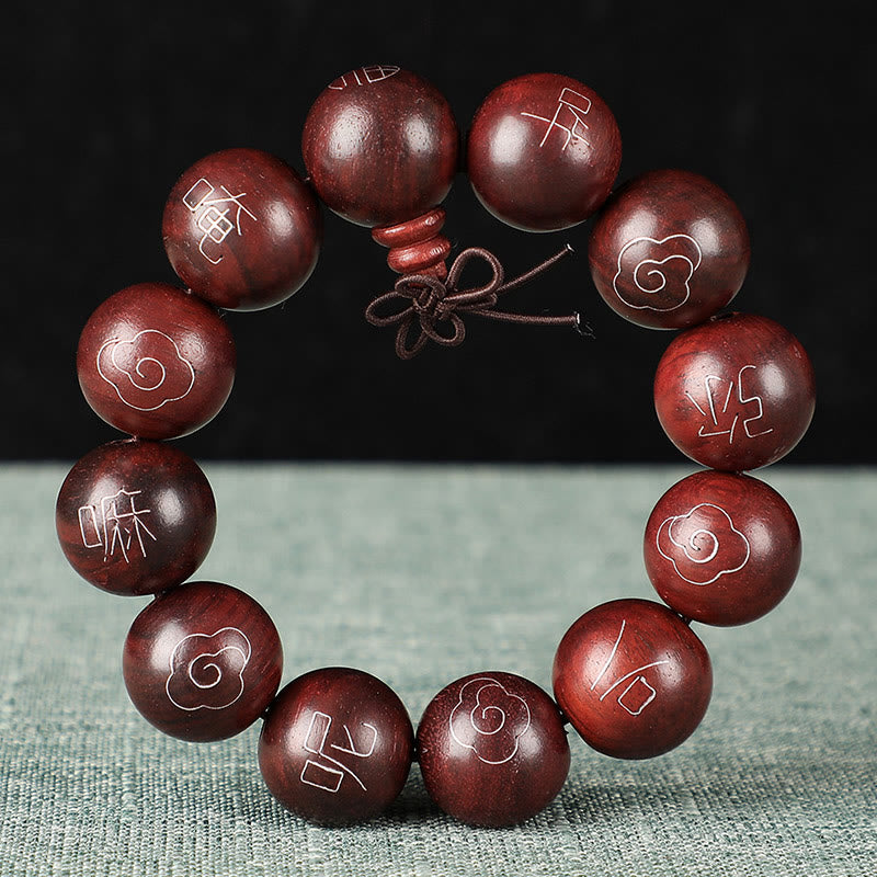 Buddha Stones 925 Sterling Silver Inlaid Small Leaf Red Sandalwood Om Mani Padme Hum Character Auspicious Clouds Protection Bracelet