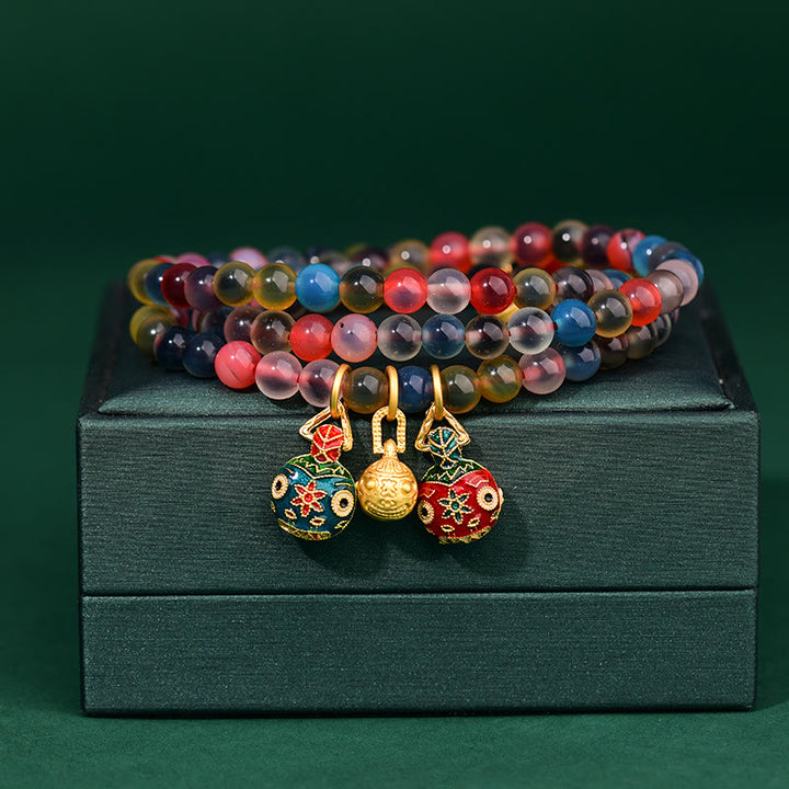 Buddha Stones Colorful Candy Agate Gold Swallowing Beast Family Strength Charm Triple Wrap Bracelet