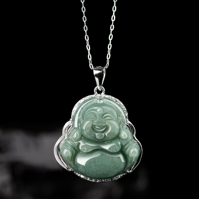 Buddha Stones 925 Sterling Silver Laughing Buddha Jade Abundance Necklace Chain Pendant