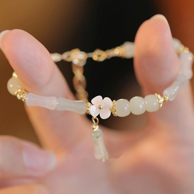 Buddha Stones 14K Gold Plated Natural Hetian Jade Flower Bamboo Pattern Luck Chain Bracelet