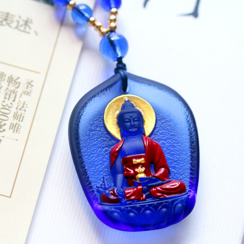 Buddha Stones Tibet Medicine Buddha Liuli Crystal Compassion Necklace Pendant