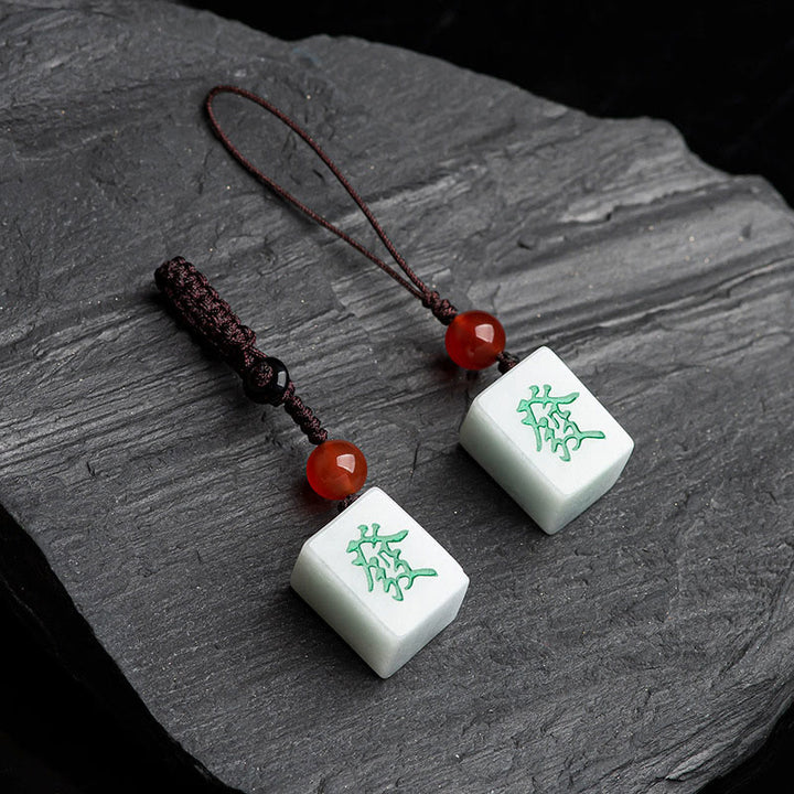 Buddha Stones Natural Jade Mahjong Fa Character Wealth Prosperity Phone Hanging Key Chain Decoration