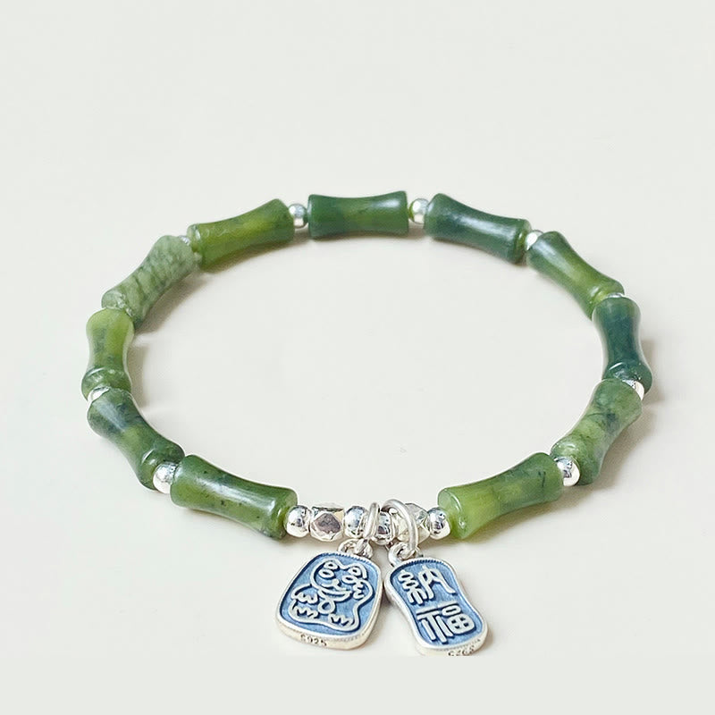 Buddha Stones 925 Sterling Silver Bamboo Jade Lucky Cat Fu Character Luck Abundance Bracelet