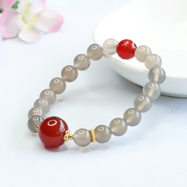 Buddha Stones Natural Gray Chalcedony Red Agate Harmony Bracelet