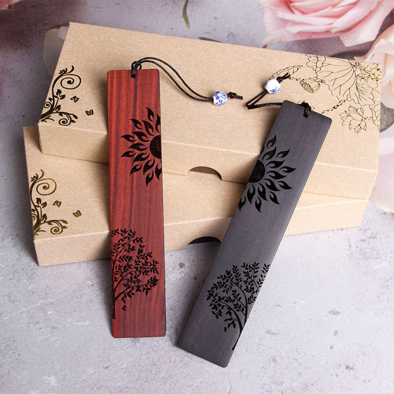 Buddha Stones Sun Tree Ebony Wood Small Leaf Red Sandalwood Bookmarks With Gift Box