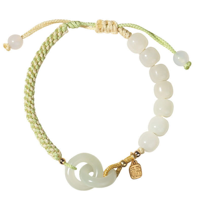 Buddha Stones Natural Hetian Jade Bead Double Peace Buckle Fu Character Abundance Braided Bracelet