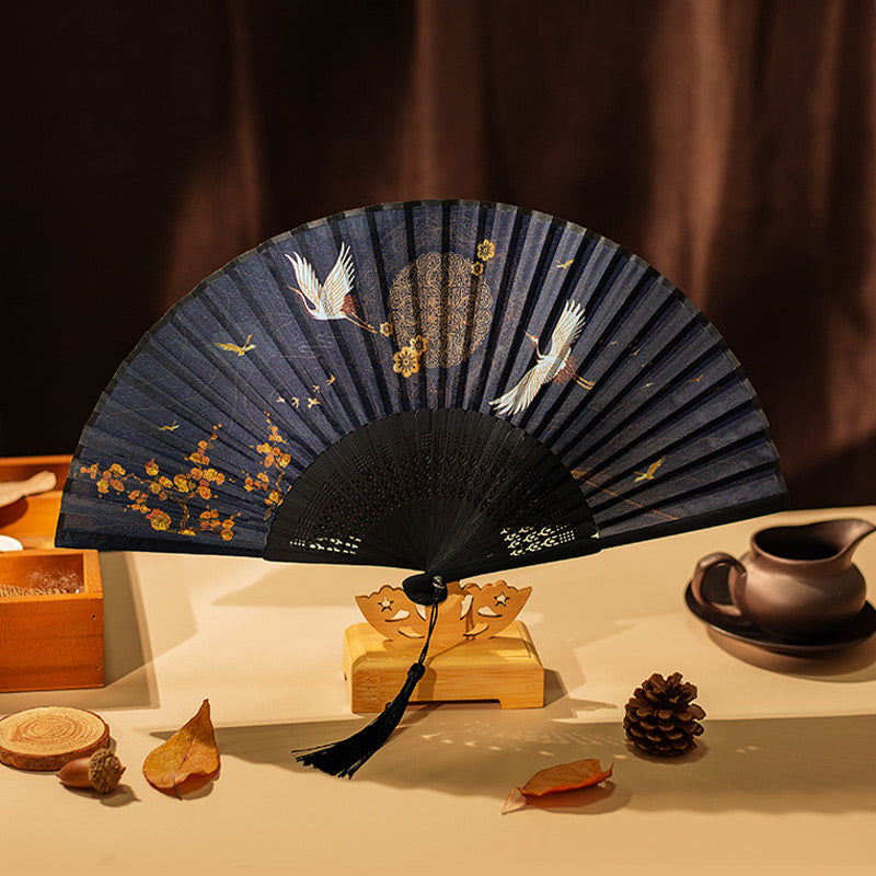 Buddha Stones Crane Peach Blossoms Persimmon Orchid Butterfly Bamboo Handheld Bamboo Folding Fan 21cm