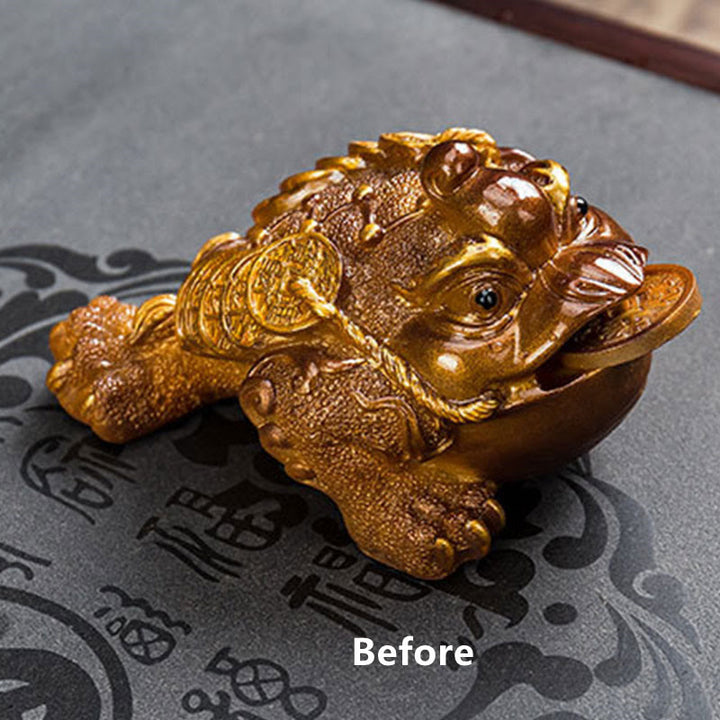 Buddha Stones Color Changing FengShui Wealth Lucky Frog Copper Coin Tea Pet Resin Figurine Decoration