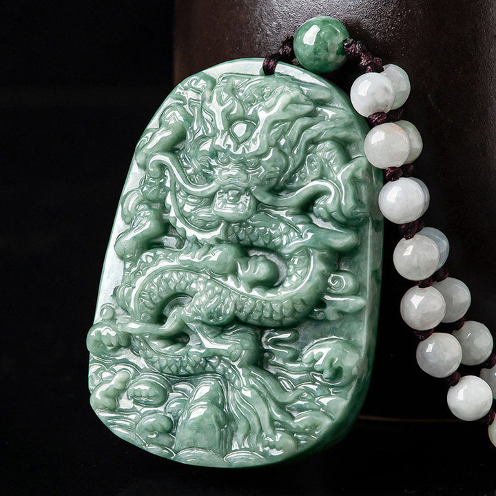 Buddha Stones Chinese Zodiac Dragon Jade Prosperity Necklace Bead String Pendant