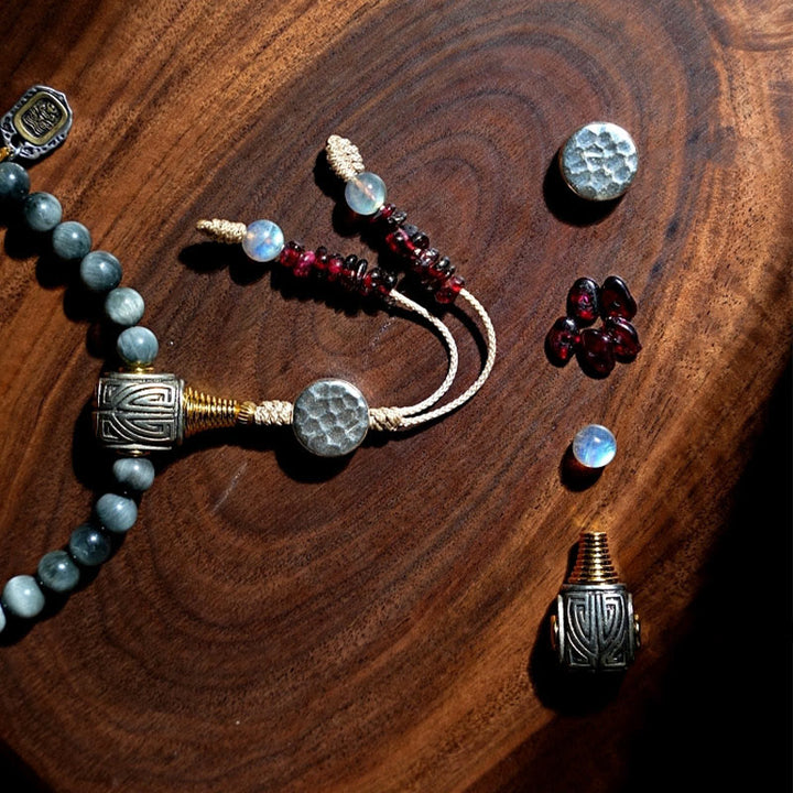 Buddha Stones 925 Sterling Silver 108 Mala Beads Eagle's Eye Stone Moonstone Positive Bracelet