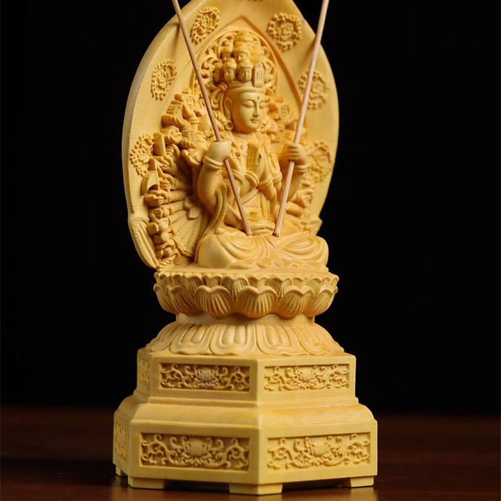 Buddha Stones Handmade Thousand-armed Avalokitesvara Kwan Yin Bodhisattva Statue Boxwood Abundance Home Decoration